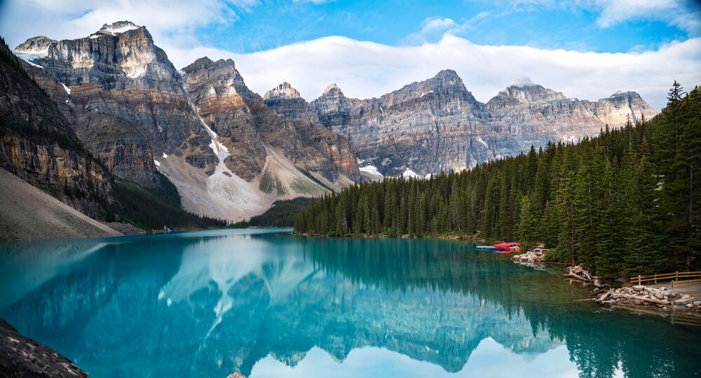glacier-blue Moraine Lake in Banff National Park