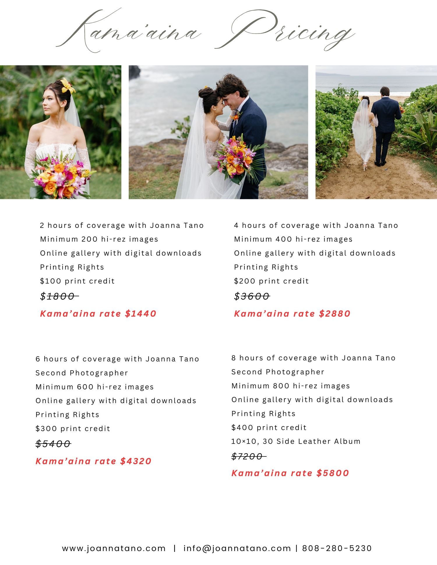 A wedding photography pricing guide for Joanna Tano featuring couples in outdoor settings with Kama'aina rates starting at $1440.