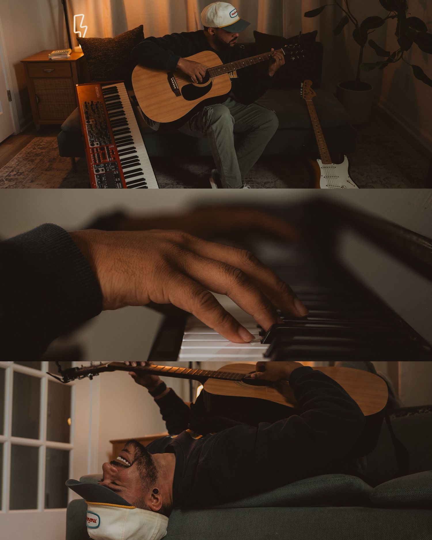 Musician in dim room with acoustic guitar, electric keyboard, and electric guitar creating moody musical atmosphere.