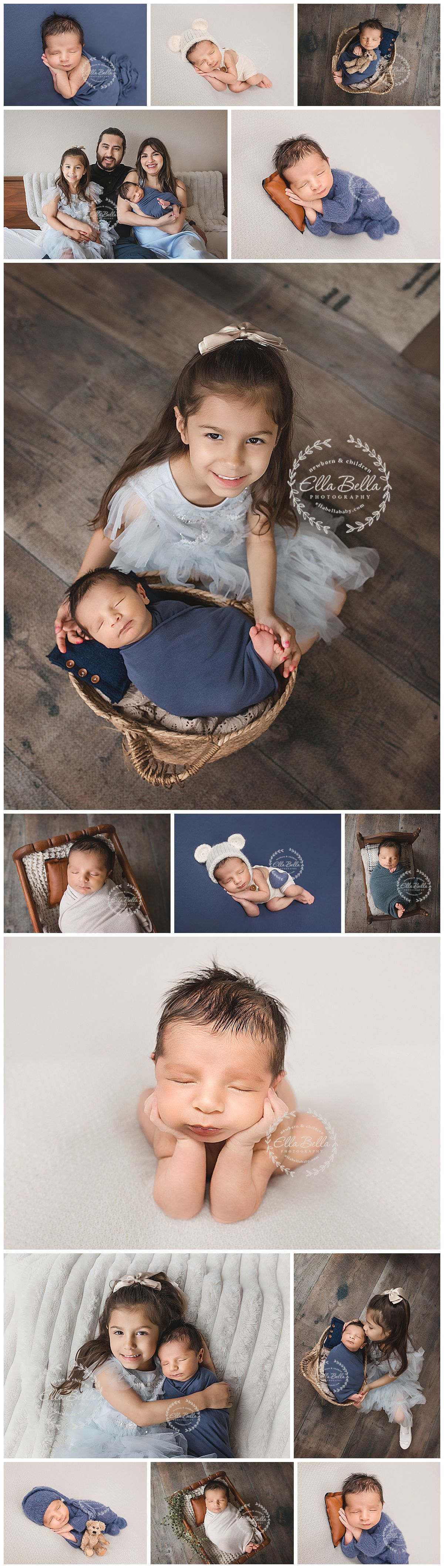 Newborn photography collage featuring a baby boy in blue wraps, family portraits, and sibling photos by Ella Bella Photography.
