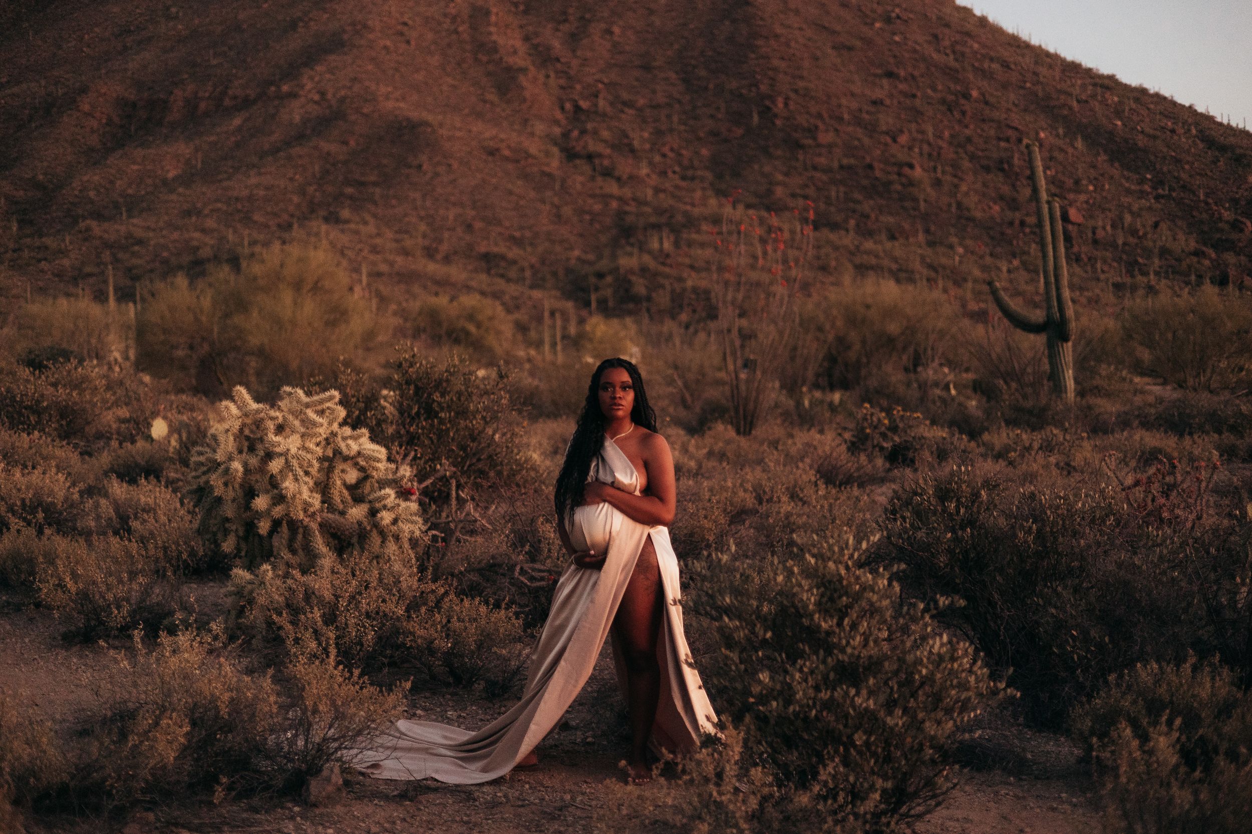 Pregnant woman in flowing gown poses in Sonoran Desert at sunset with saguaro cacti and mountain backdrop.