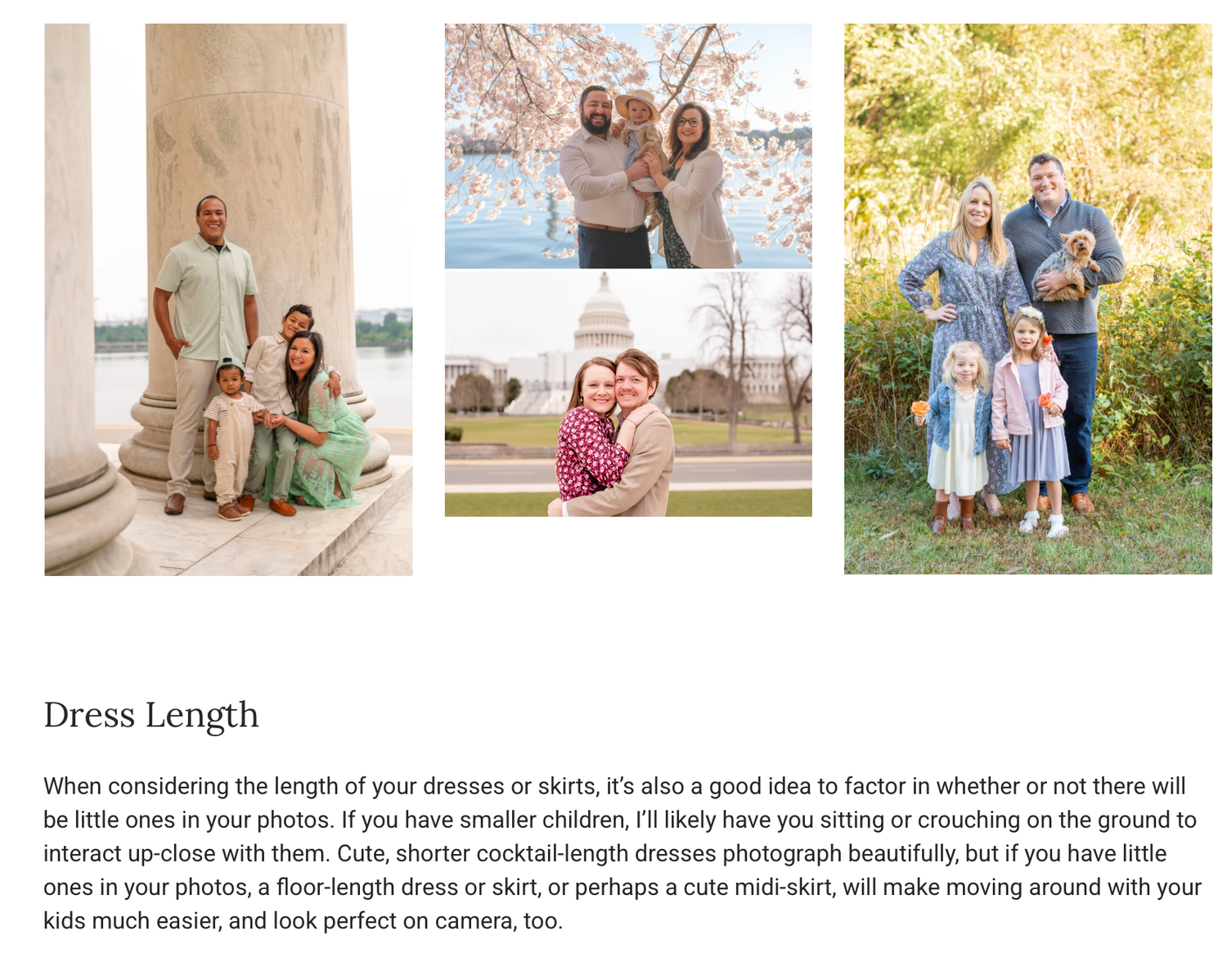 Family photo session prep guide and outfit planning resources from Sarah Thayer Photography: examples and suggestions of dress lengths