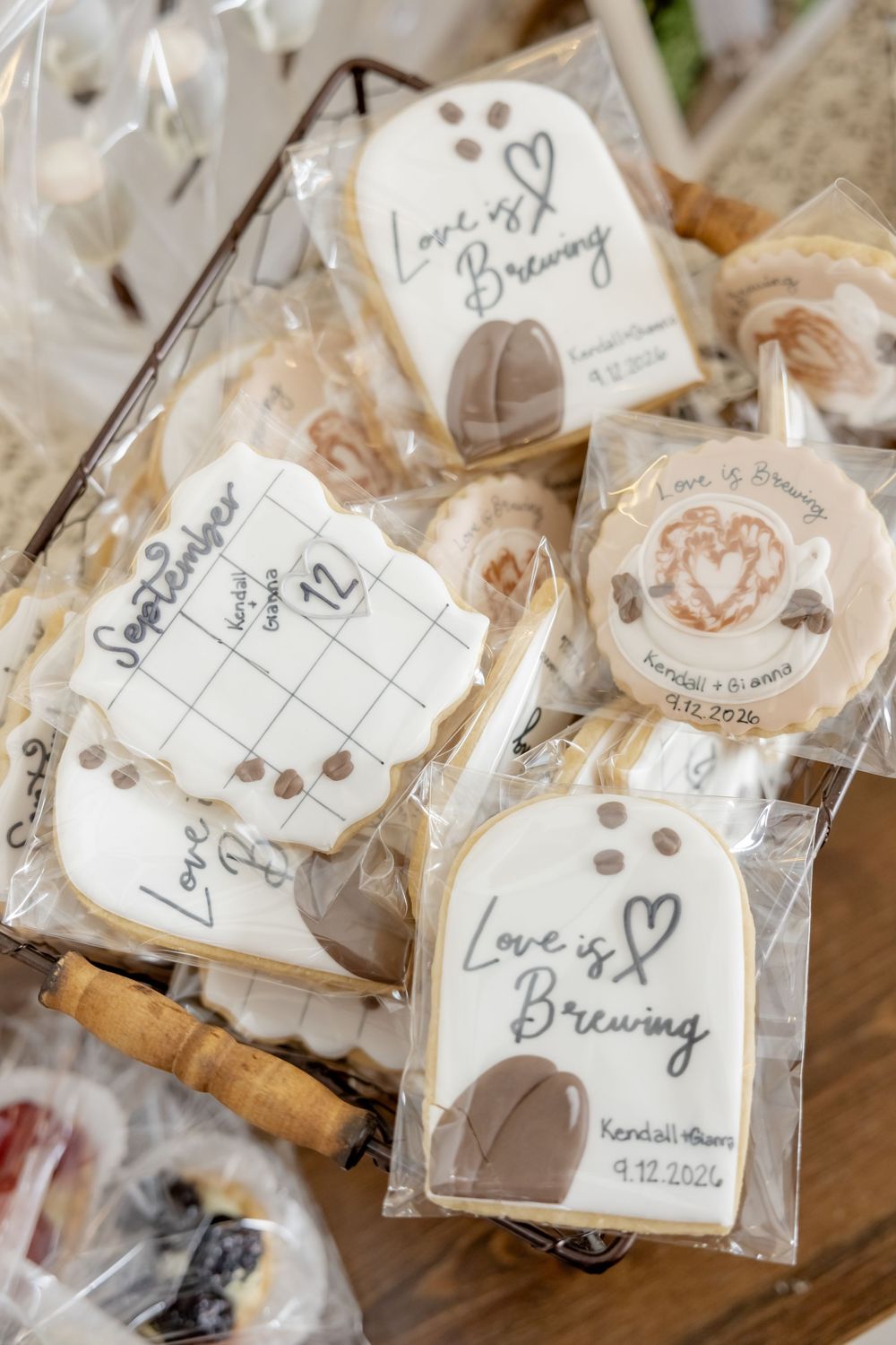 Custom bridal shower cookies with Love is Brewing design and other coffee inspired details.