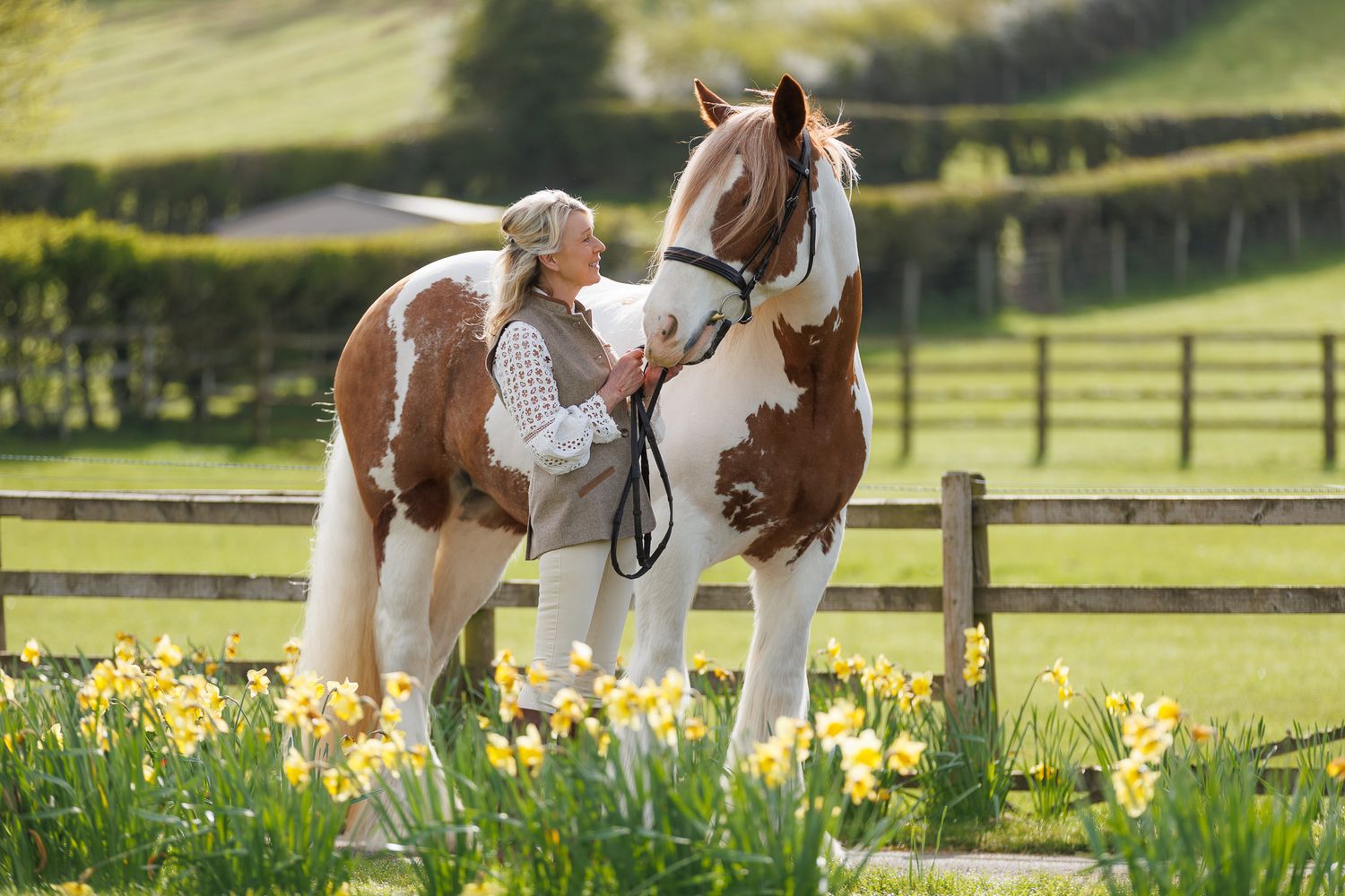 Woman with a paint horse among daffodils by a wooden fence in a lush green countryside setting.