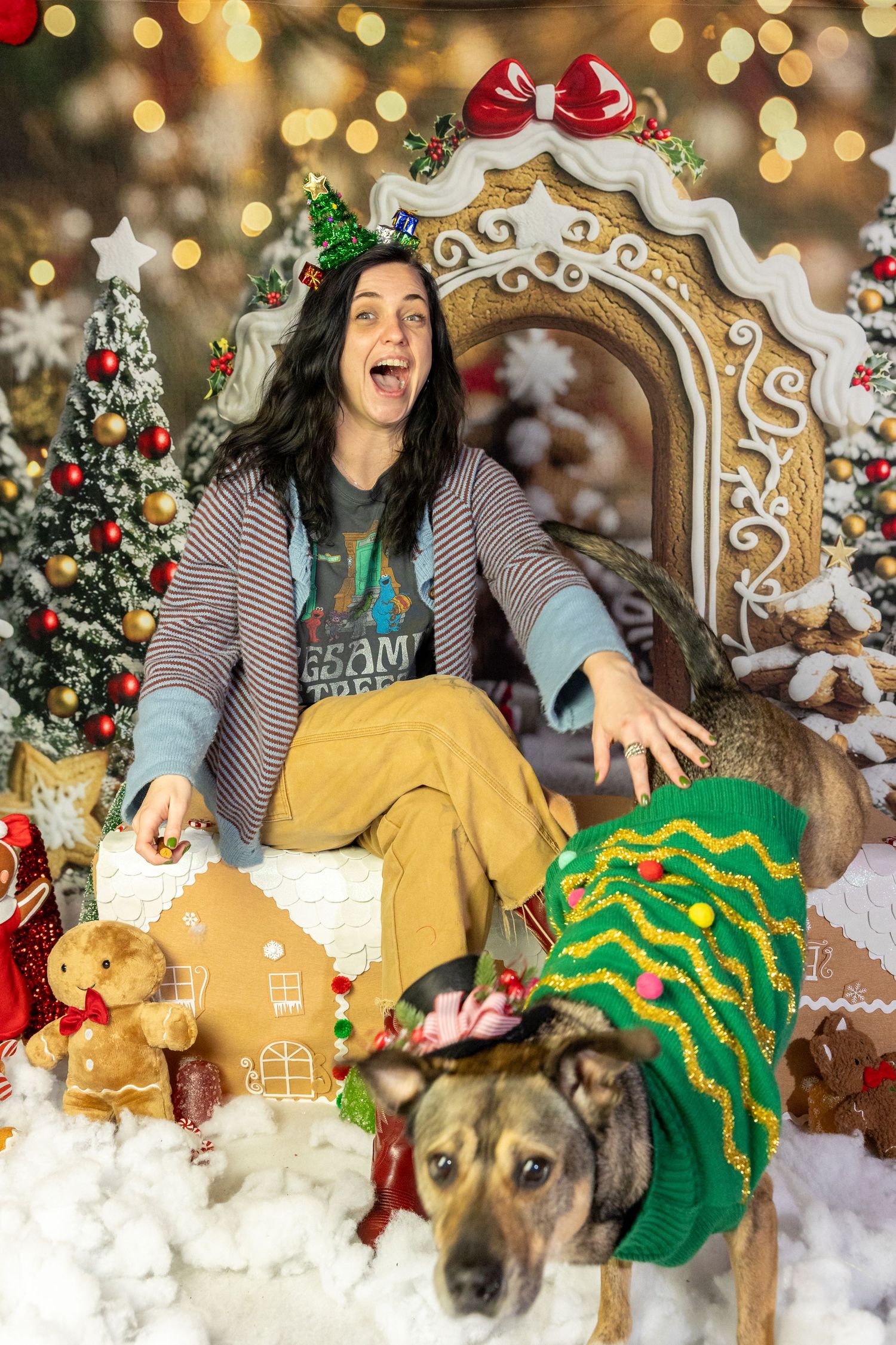 Woman in Christmas pajamas laughing with dog in green tree sweater beside gingerbread decorations and holiday trees.