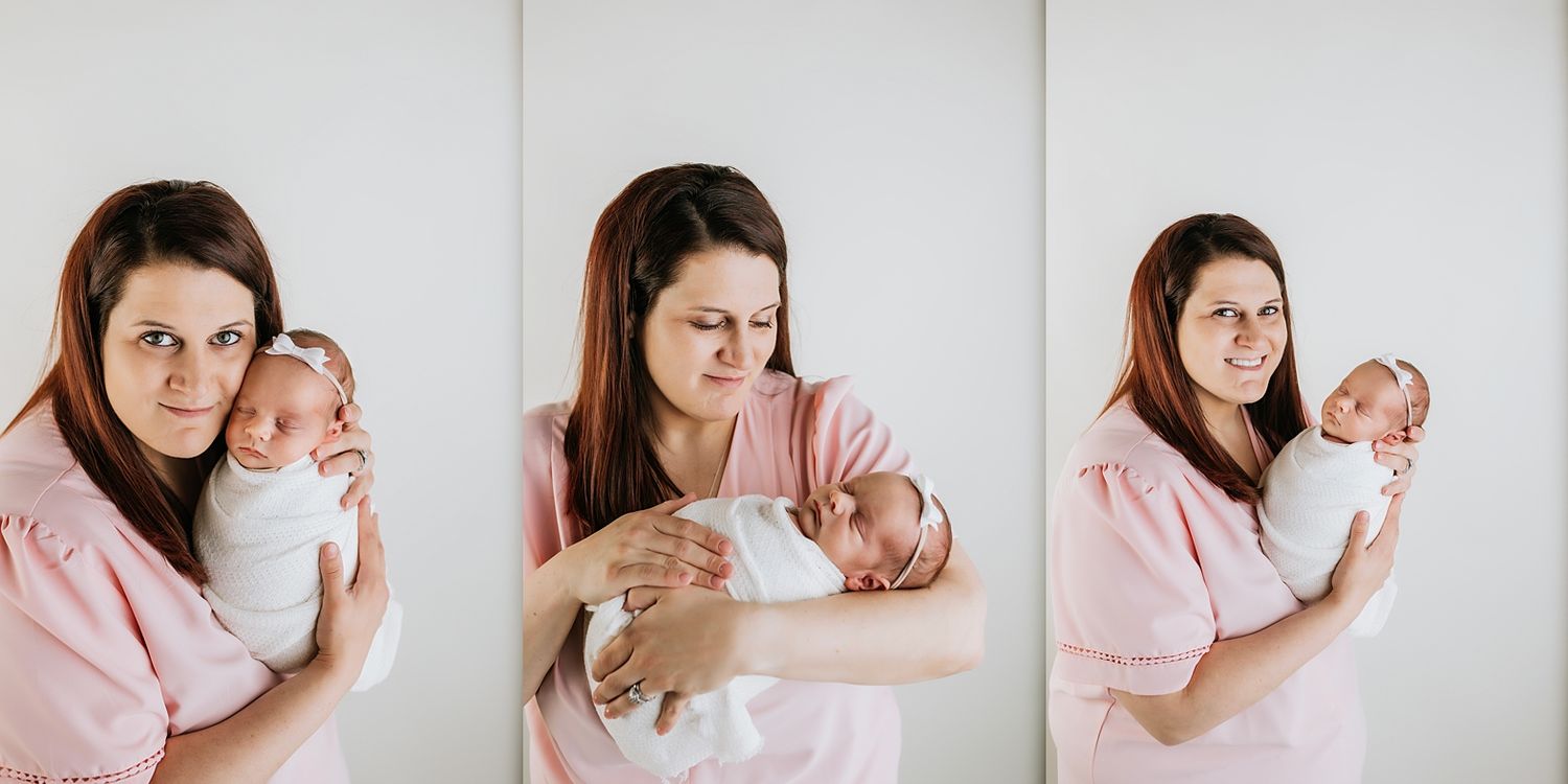 A mother in a pink shirt tenderly holds her sleeping newborn baby in a triptych of studio portrait photos.