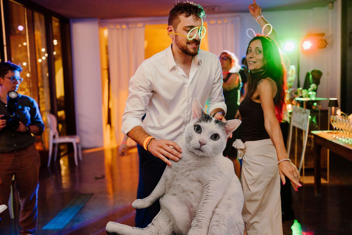 Groom and guest wearing fun props pose with a white cat at a lively wedding reception party.