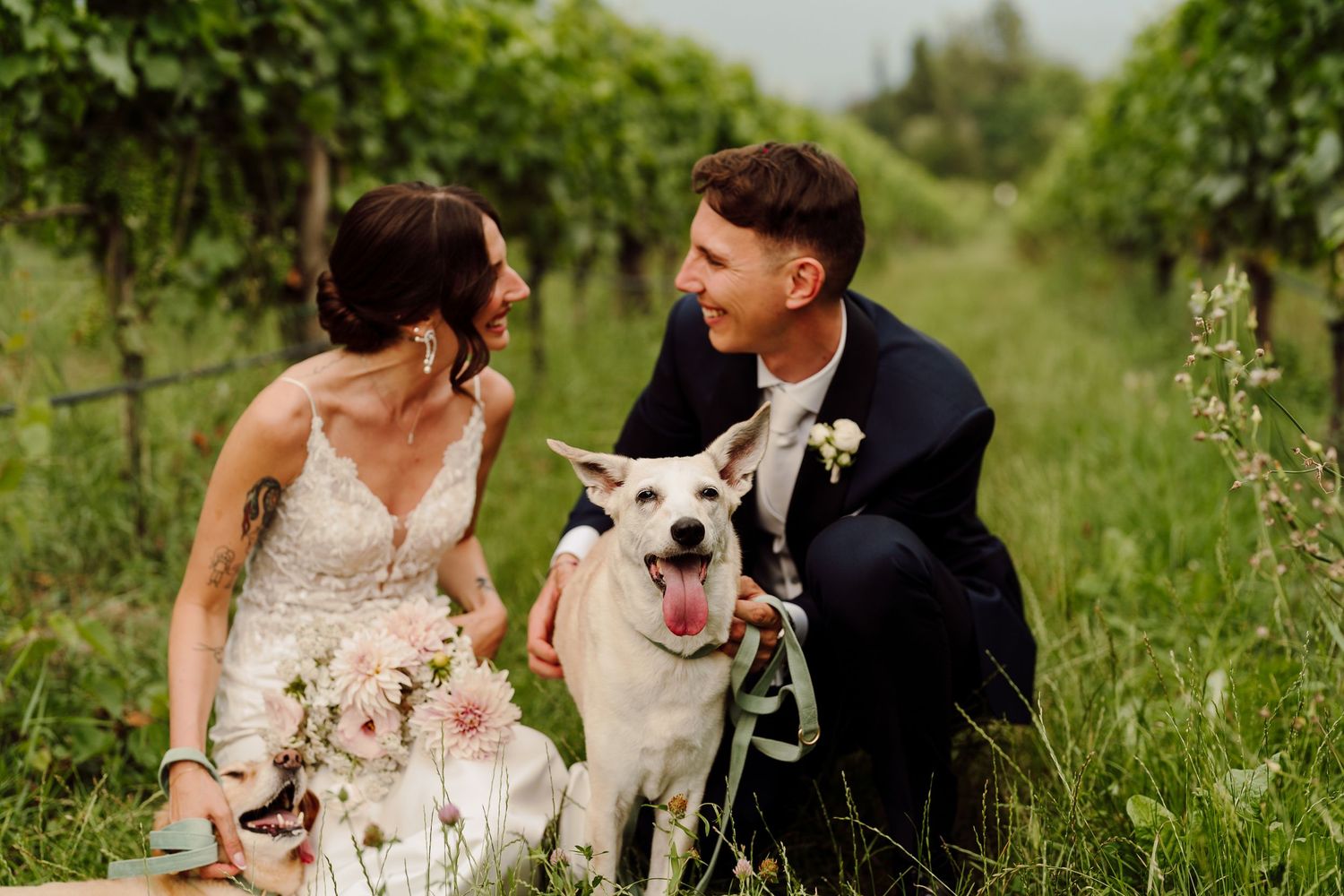 Bride and groom crouching in a vineyard, smiling at their white dog with tongue out between them.