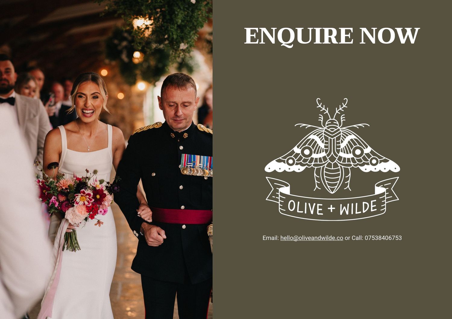 Bride and groom walking together at wedding venue, with Olive and Wilde enquiry promotional advertisement overlay.