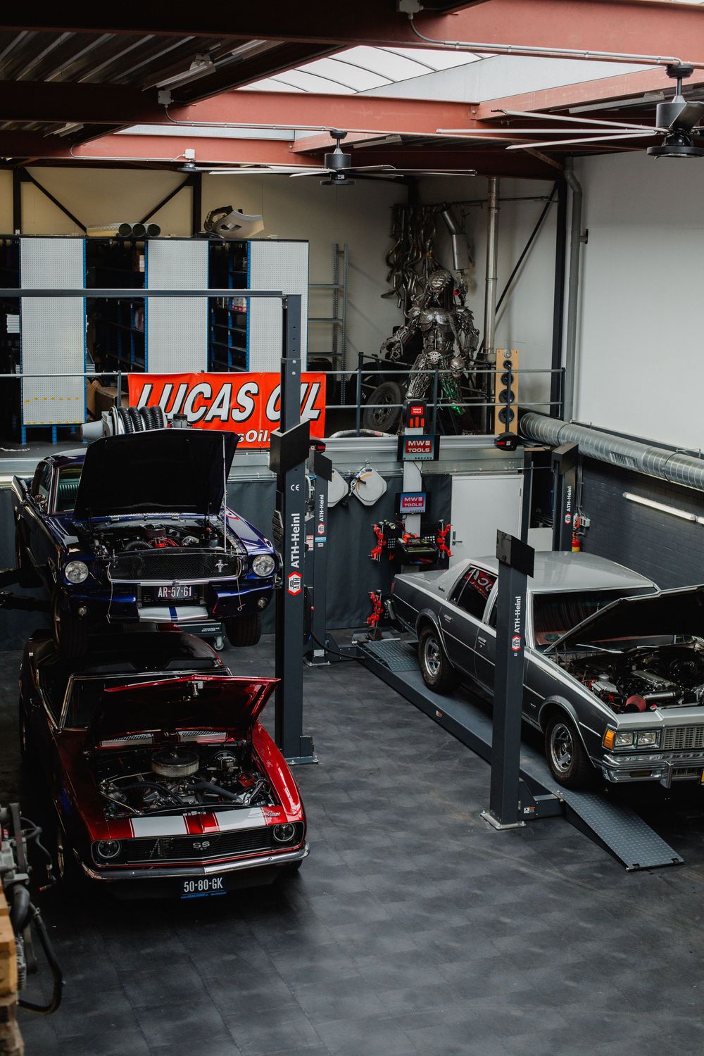Classic muscle cars with open hoods on lifts inside a Lucas Oil automotive workshop garage.