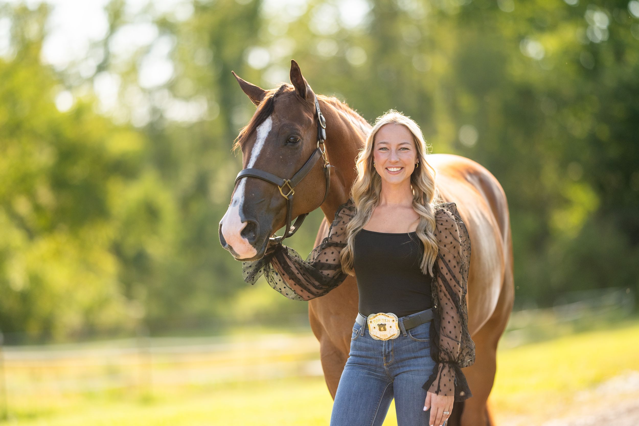 Sunny outdoor scene with horses and riders in a grassy field.