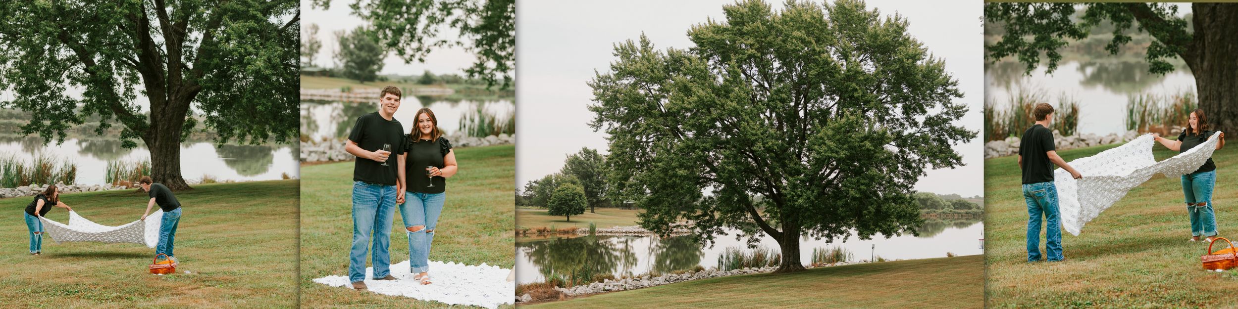 A series of action shots showing a person throwing a disc golf shot on a grassy course with trees in the background.