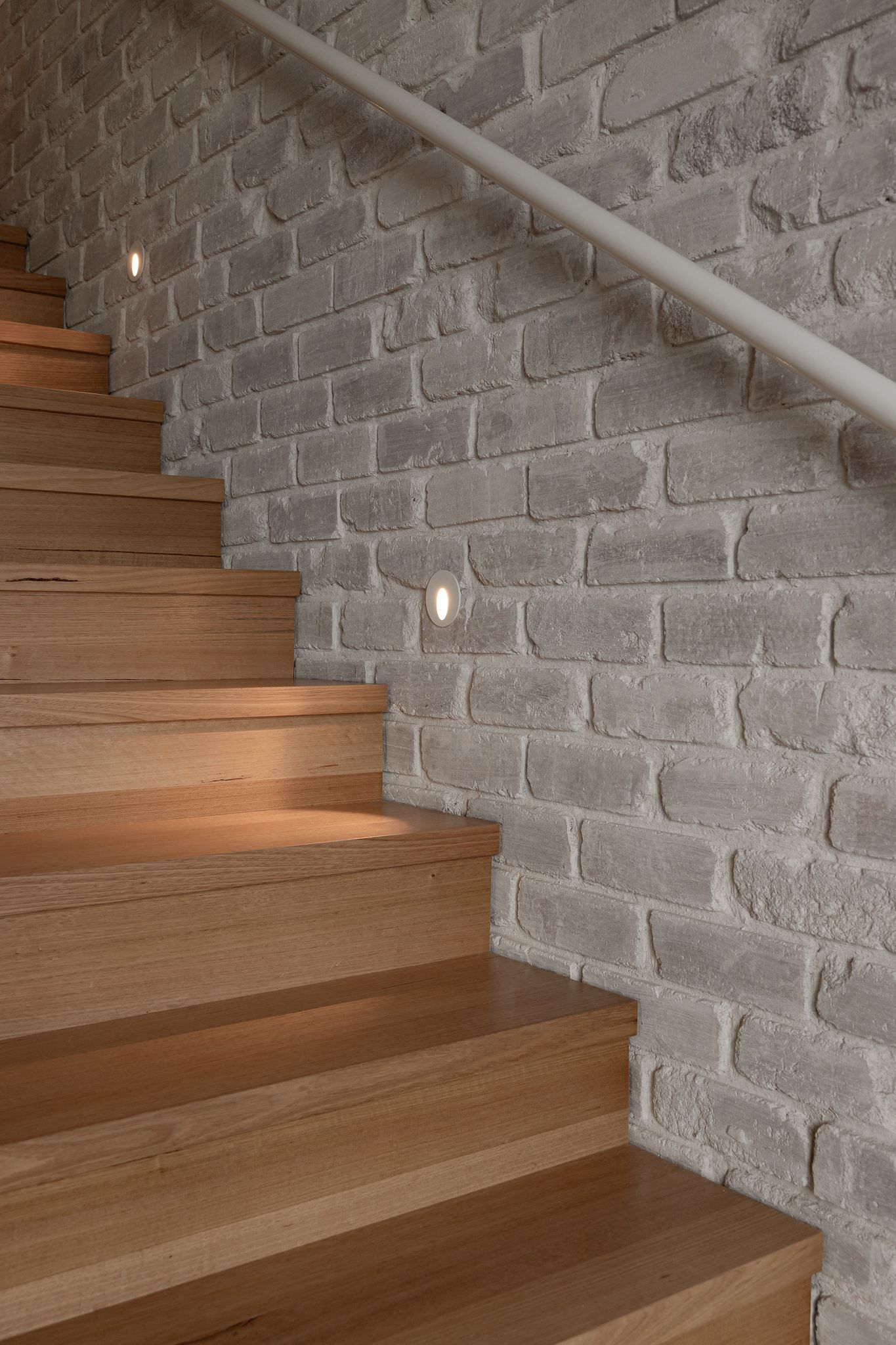 Interior timber stairs and textured brick detail — interior photography Illawarra for architects, builders and designer