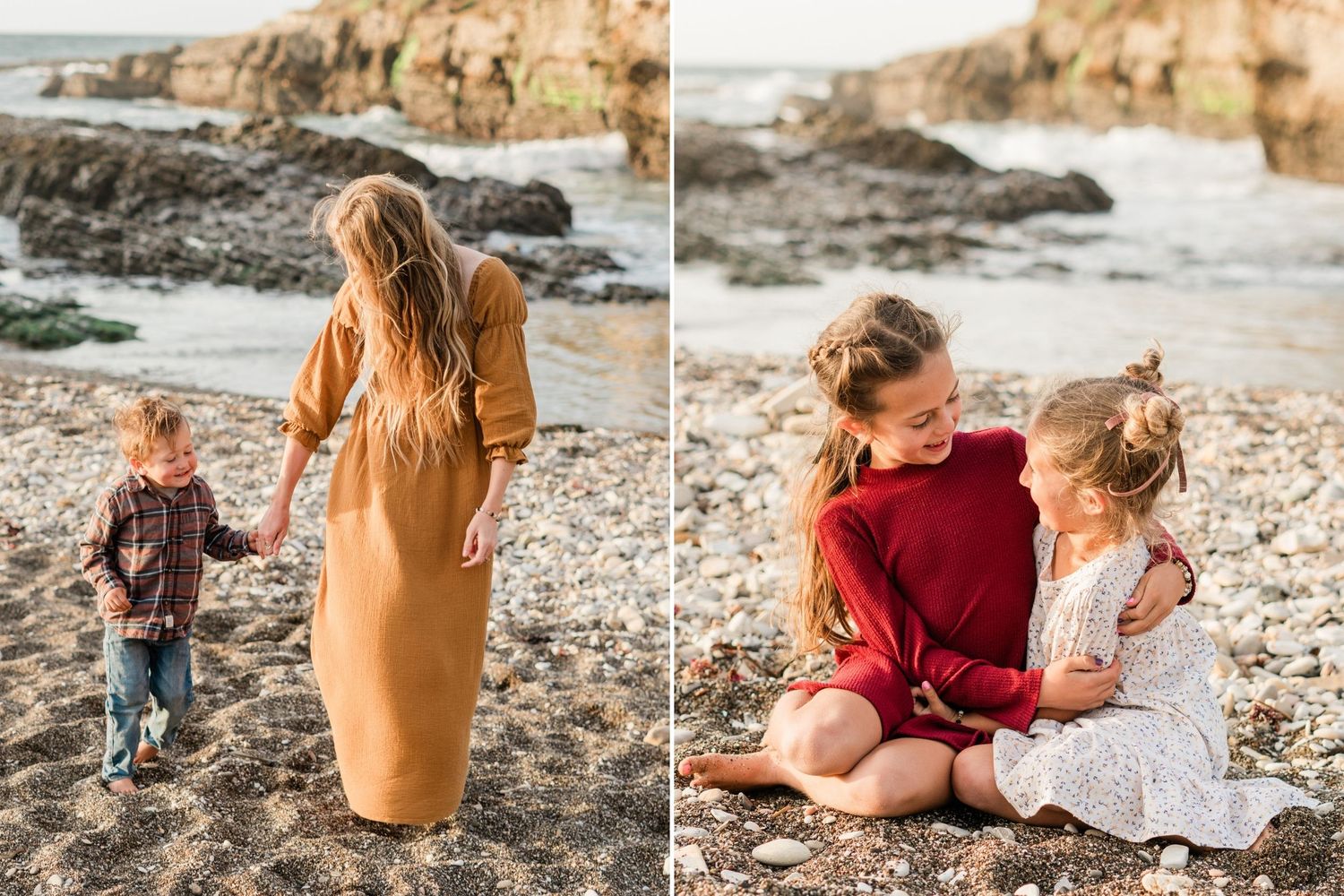 sisters sitting and hugging on the beach for a family photo session. mom holding hands with youngest and walking on the beach