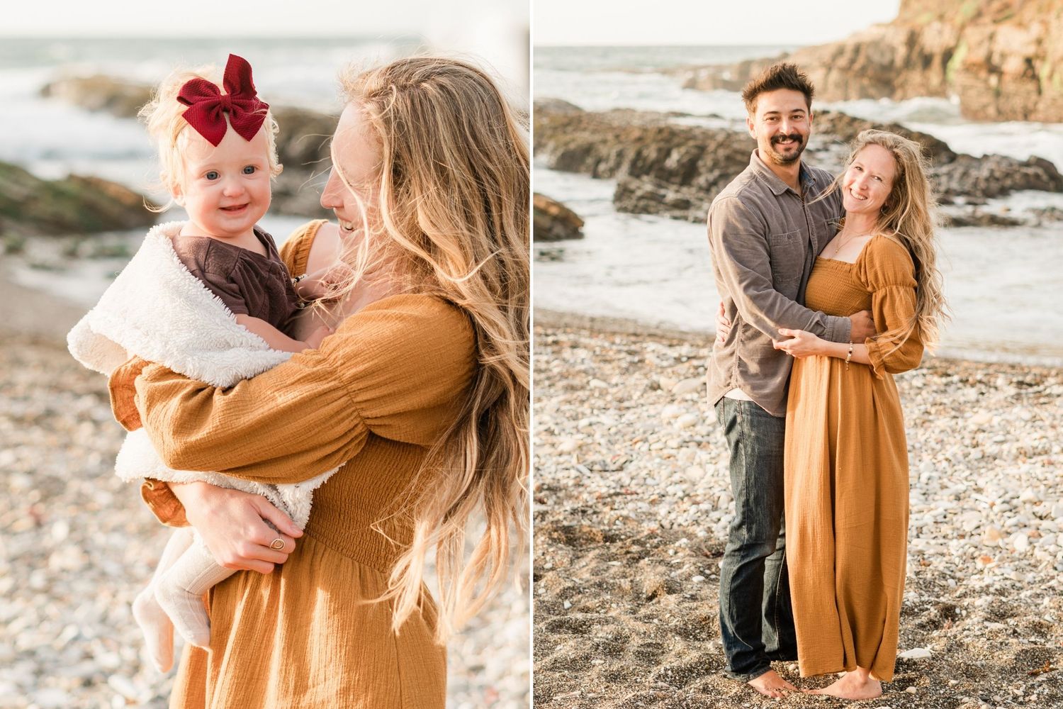 parents hugging during family photo session at Montana de Oro and mom holding baby in a blanket for fall family photos