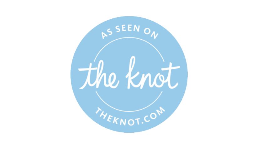A light blue circular badge displaying As Seen On The Knot wedding website logo.