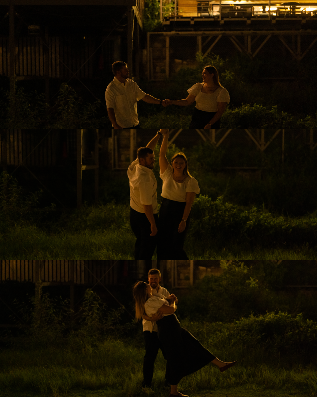 Couple dancing and embracing outdoors at night in a triptych of romantic golden-lit moments.