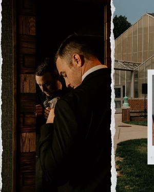 A series of emotional wedding photos showing a groom wiping away tears while standing in front of a rustic wooden wall.