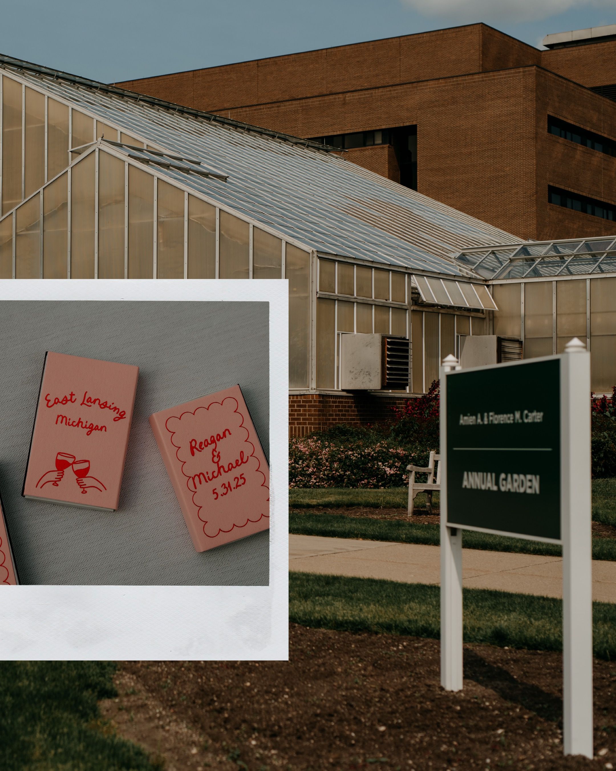 Pink sticky notes with handwritten text are displayed against a brown brick building with glass windows and doors.