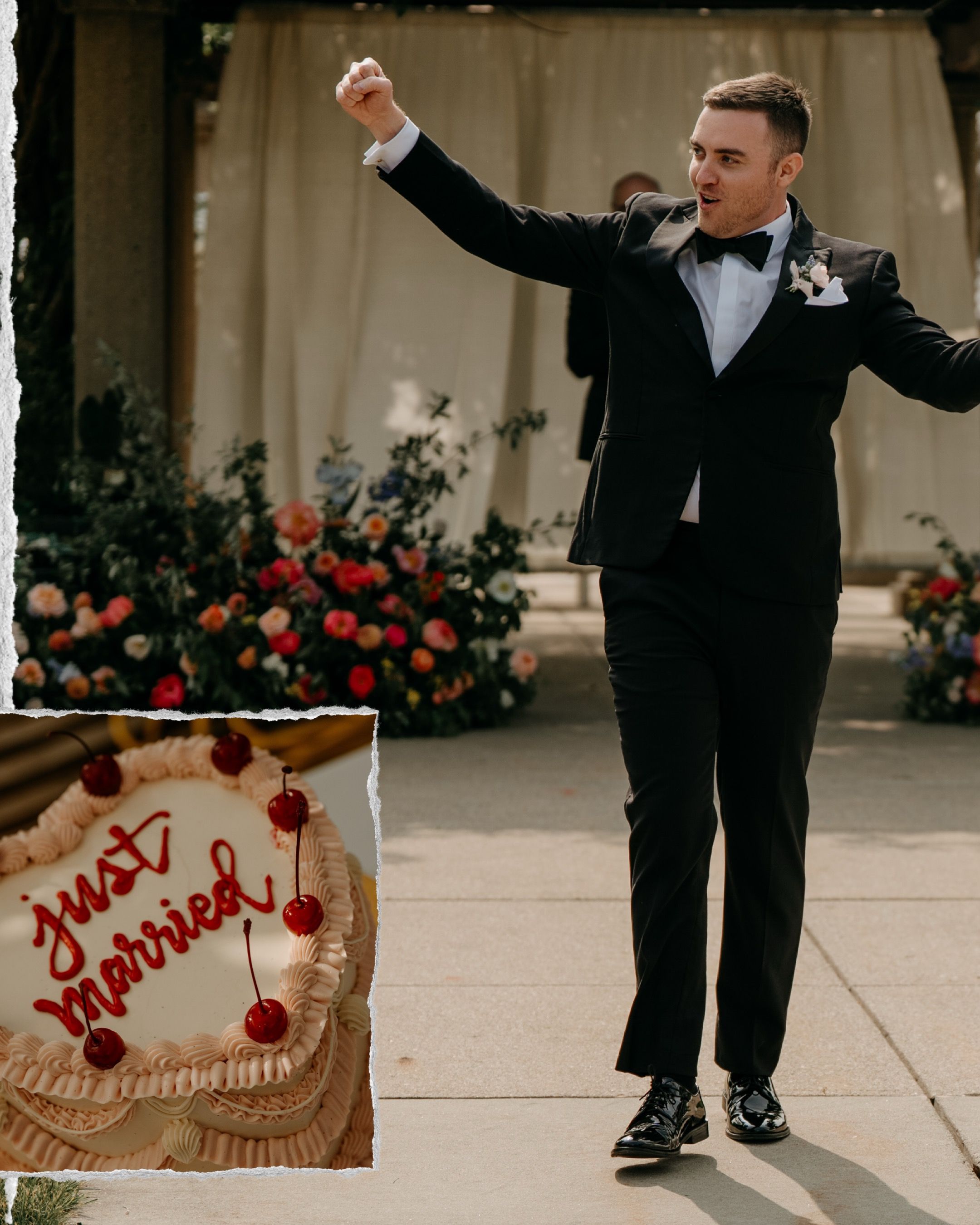 A sequence of wedding photos showing formal shoes, a handwritten sign, and red roses in an elegant venue.