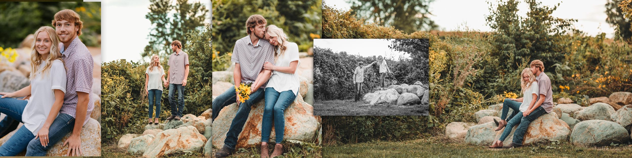 Couple enjoying a romantic sunset photoshoot in a rustic outdoor setting with golden light filtering through trees.
