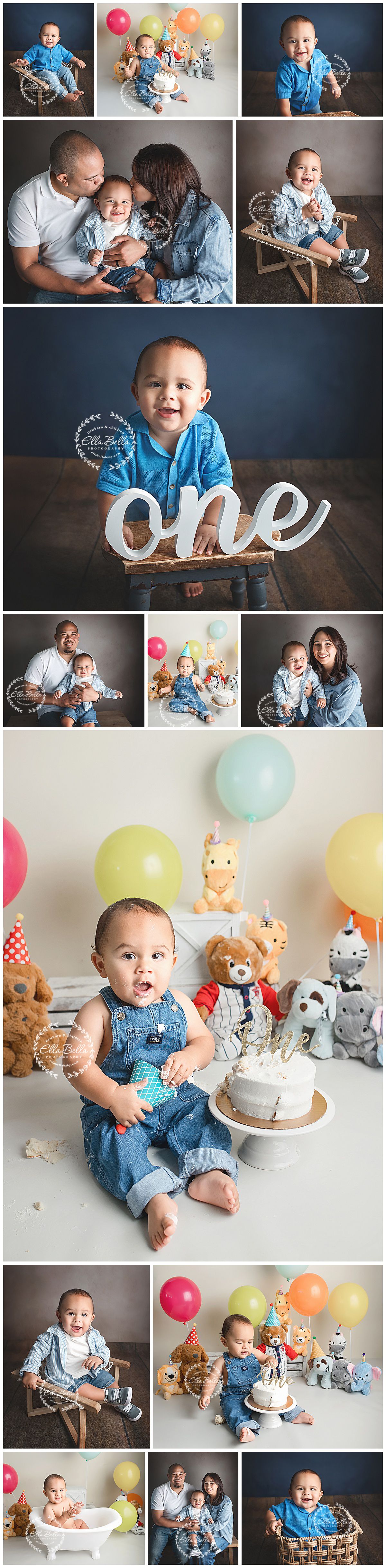 Cake smash photo session featuring colorful balloons, stuffed animals, and a white cake for a first birthday celebration.