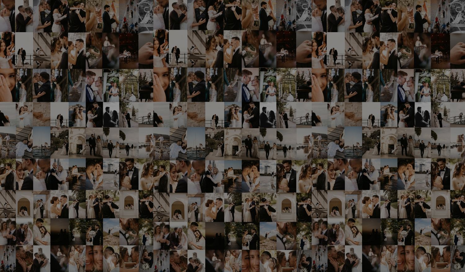Mosaic pattern of wedding photography moments arranged in grid format.