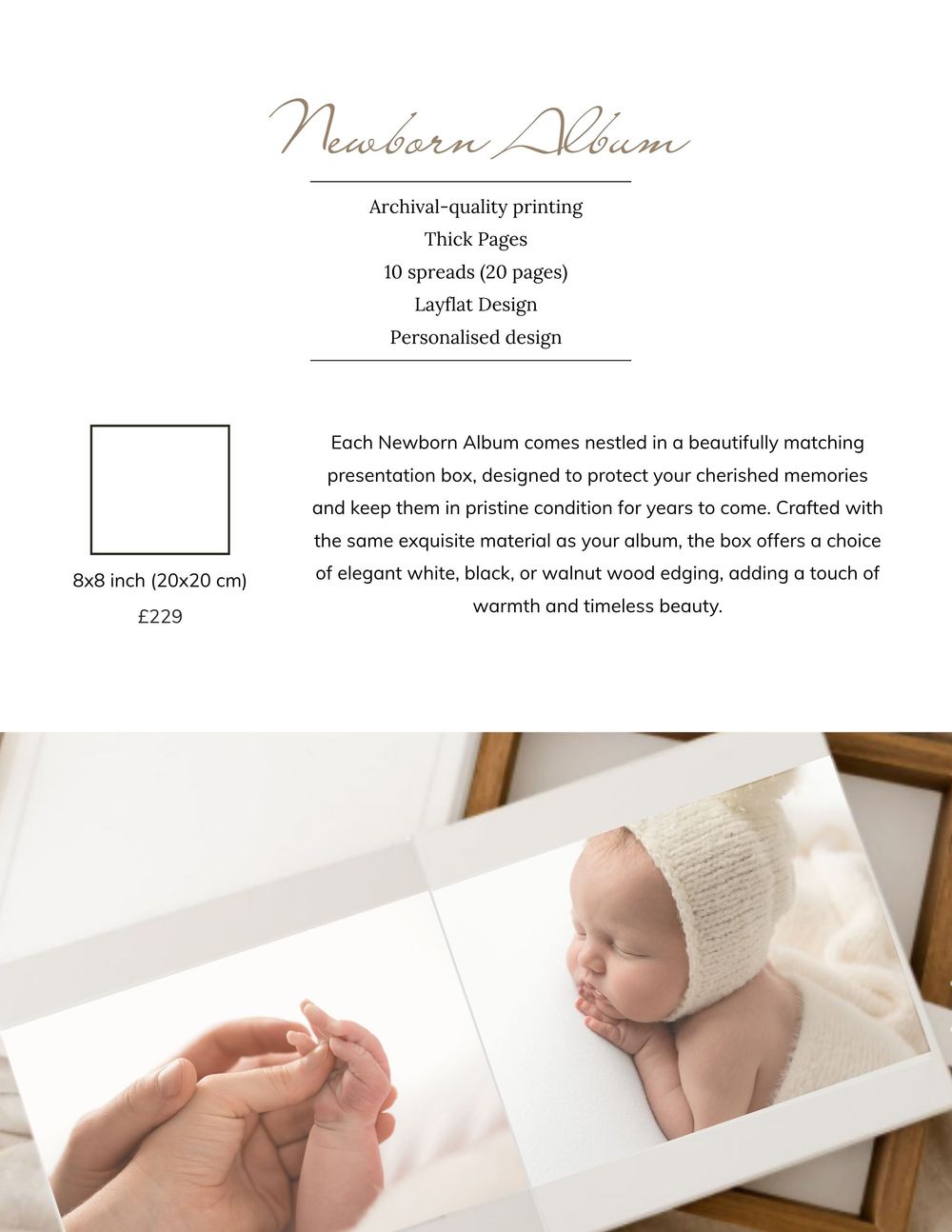 A collage of newborn photo album pages showing delicate baby details and hands against white backgrounds.