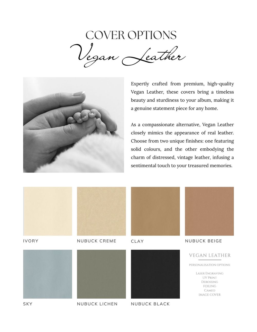 Neutral color palette swatches for vegan leather cover options featuring beige, brown, black and cream tones.