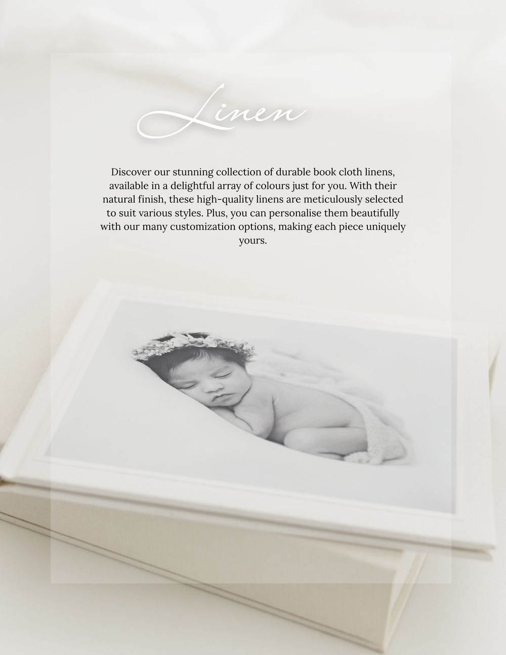 Marketing photo of a linen product catalog showing text and a black and white sleeping baby photograph.