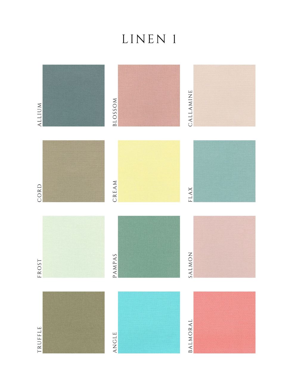 A color palette of twelve muted pastel squares featuring sage green, blush pink, beige, and aqua tones arranged in a grid.