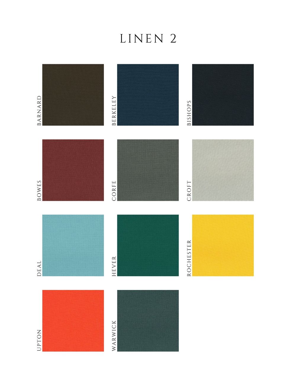 Color swatch palette showing various linen fabric swatches in muted tones of navy, olive, burgundy, teal and yellow.