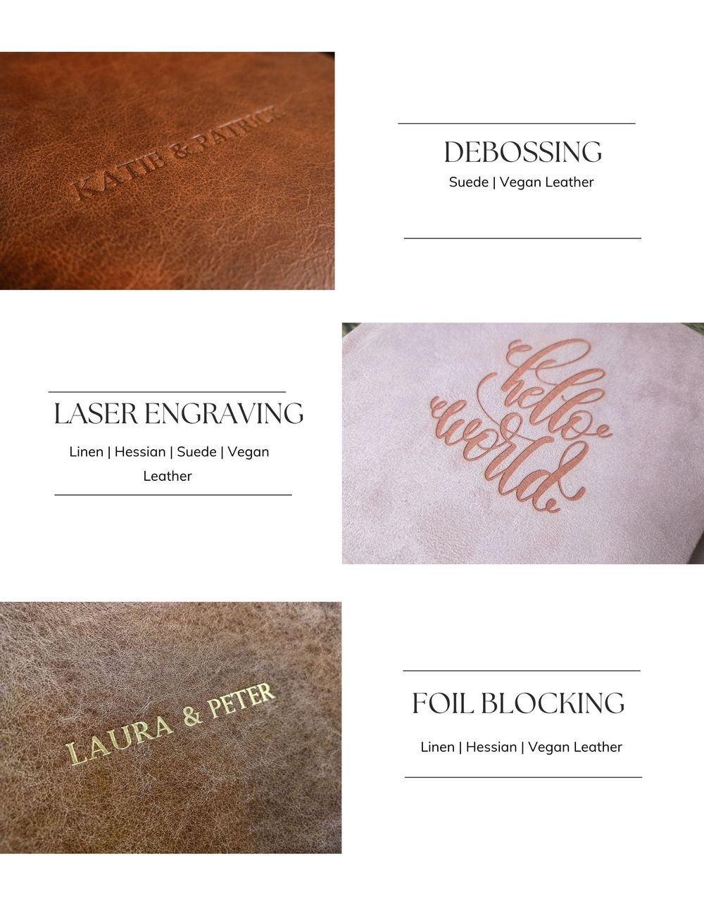 Close-up shots of laser engraved and foil blocked text on brown leather surfaces showing various decorative lettering styles.