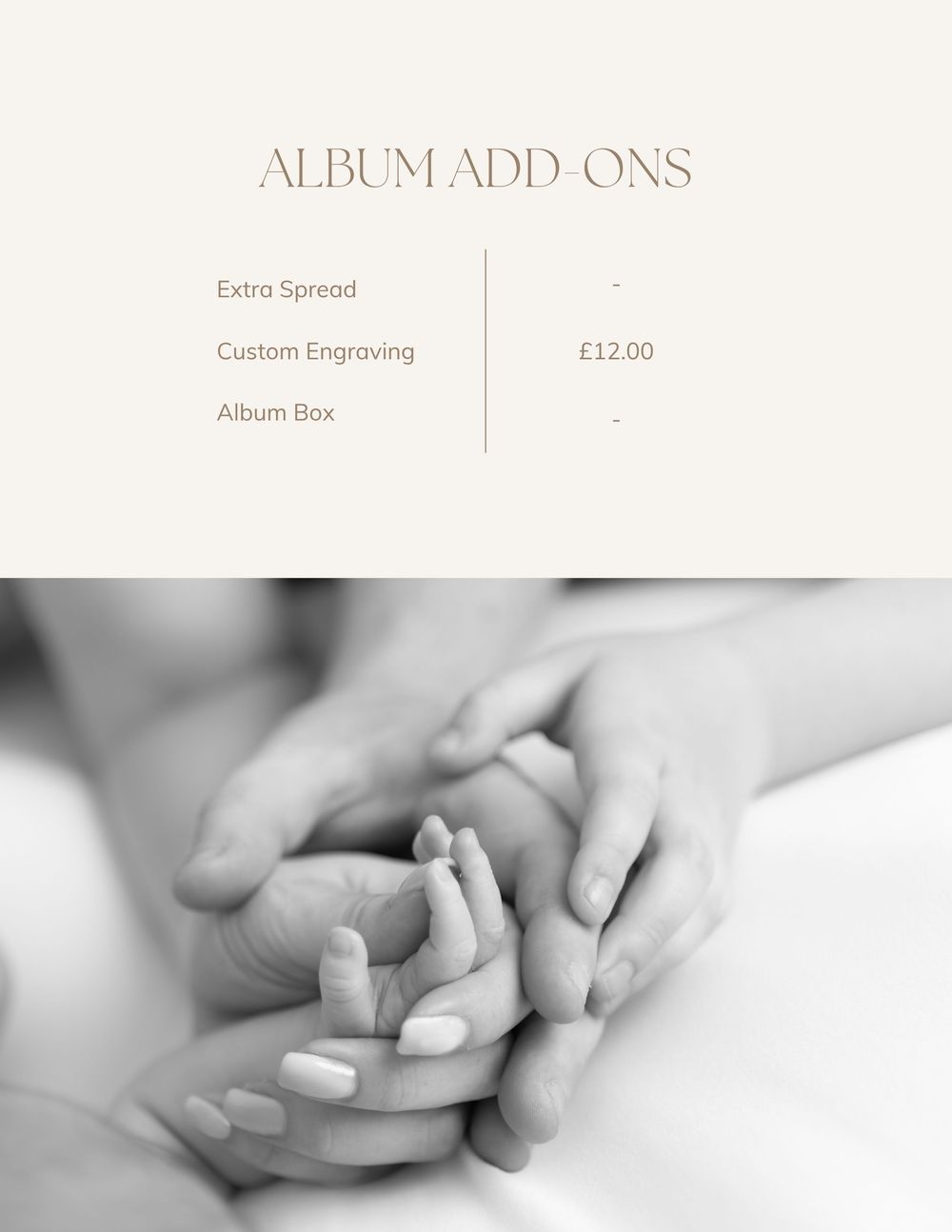Black and white close-up image of two hands tenderly holding each other against a light background.