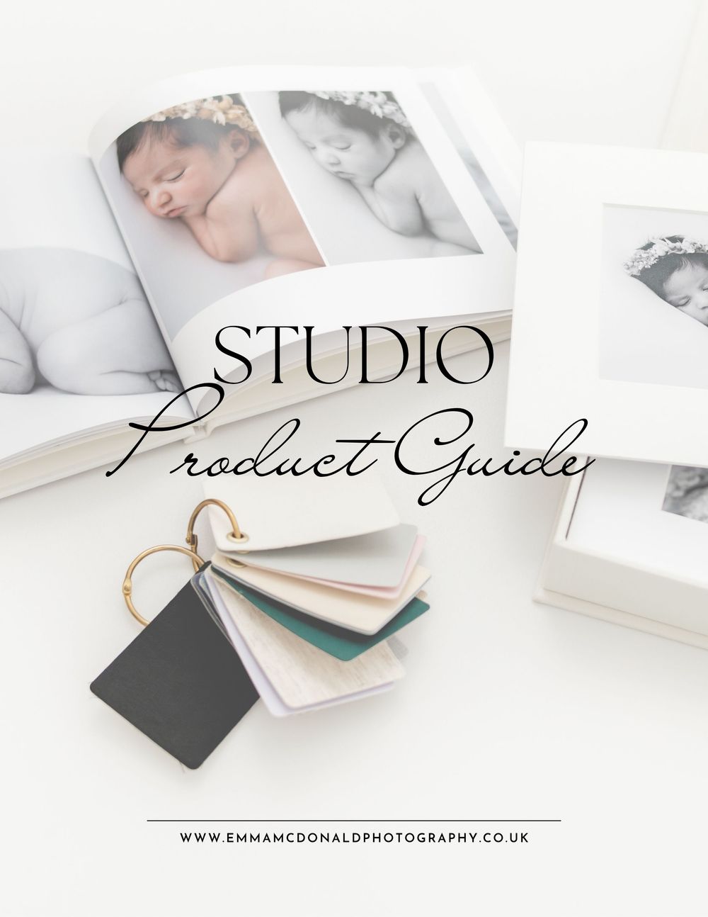 Photography studio product guide cover with newborn photos and sample swatches on a white background.