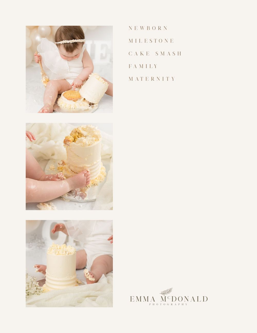 A collage of soft pink and white photography branding elements featuring cake smash sessions and maternity photos.