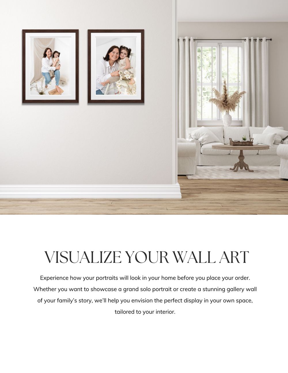 Interior design mockup showing framed family portraits on a white wall next to a bright living room with neutral decor.