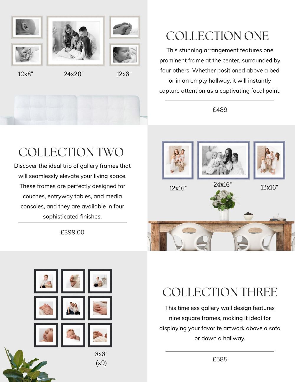 Clean modern gallery wall layout showing different photo collection options with pricing and frame arrangements.