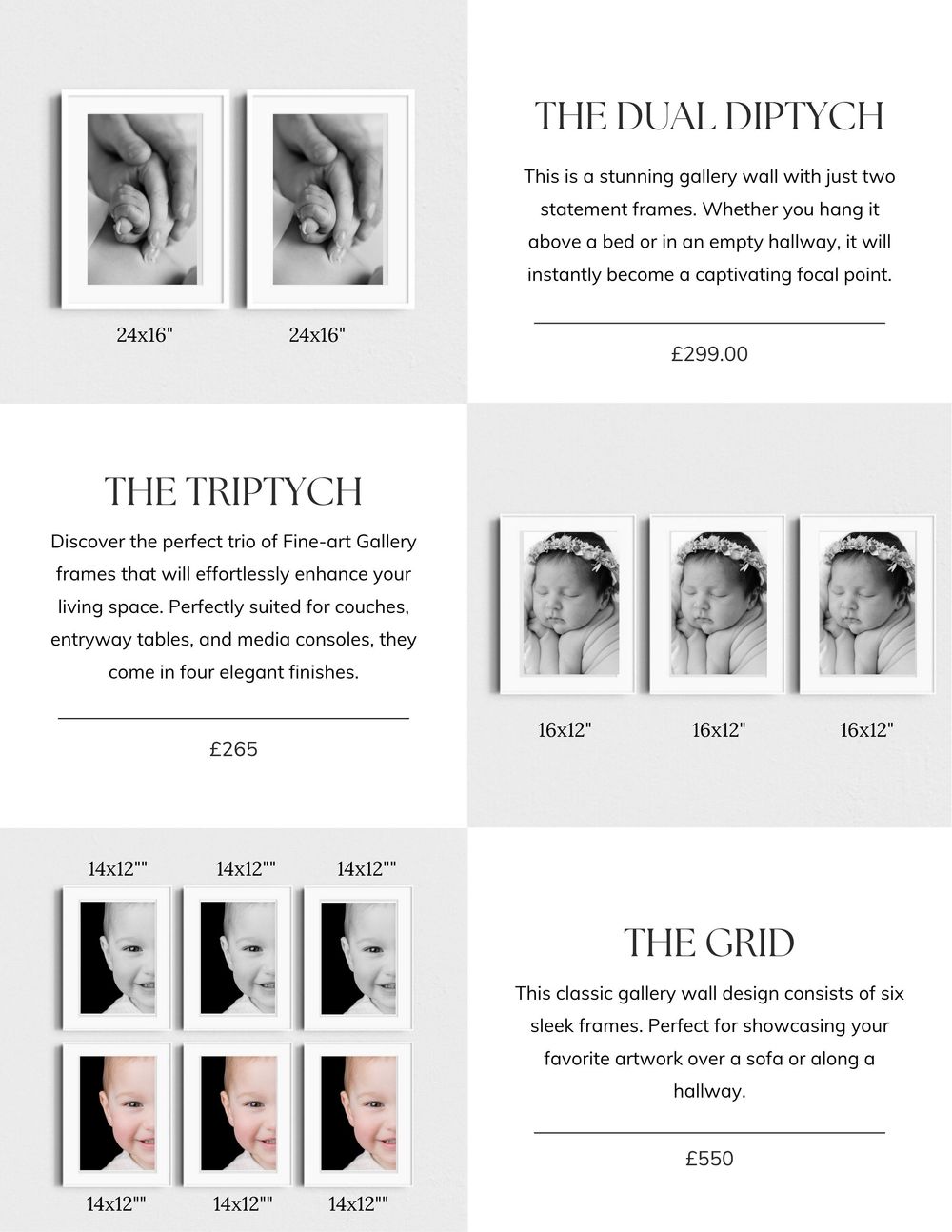 Minimalist photo wall display showcasing triptych and grid layout options with white frames and sample images.