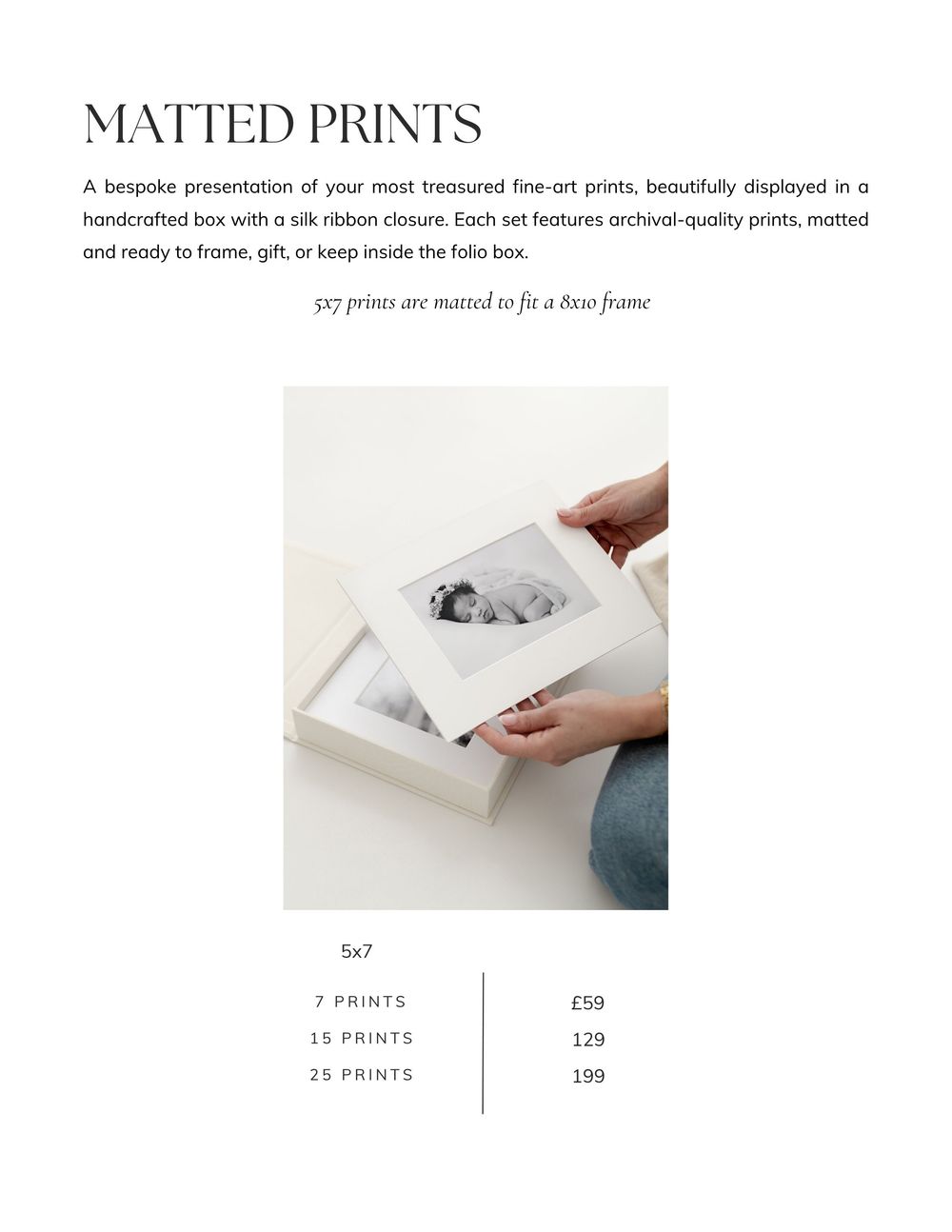 Elegant matted print display showing framed artwork samples with pricing details on a clean white background.