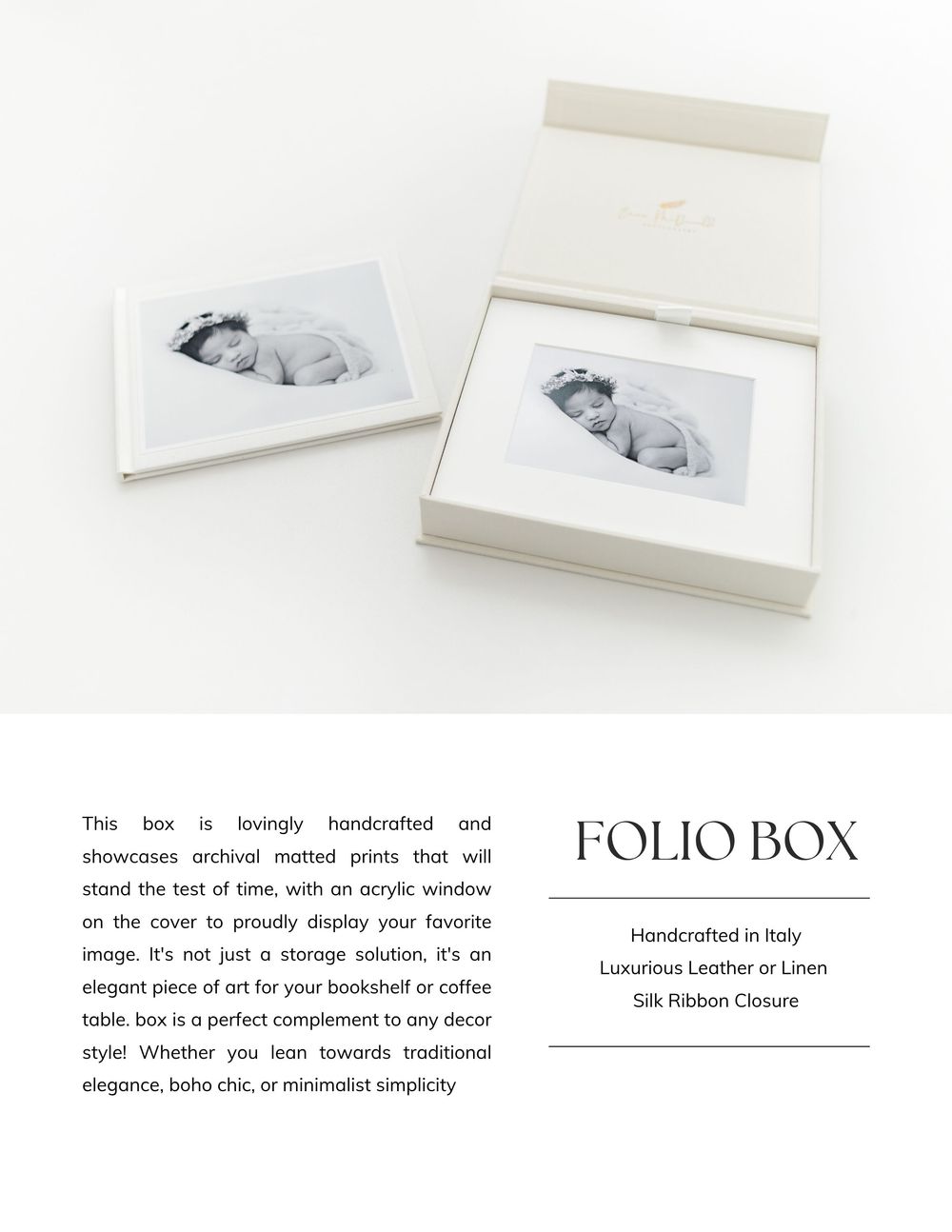 White product packaging mockup showing elegant minimalist boxes and photo prints in a clean layout.