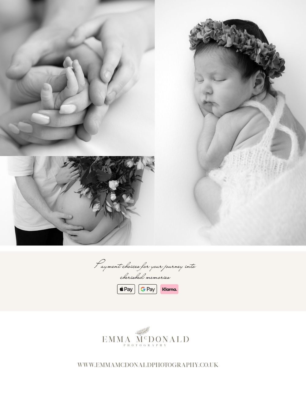 A collage of black and white newborn baby photography portraits showing gentle poses and soft details.
