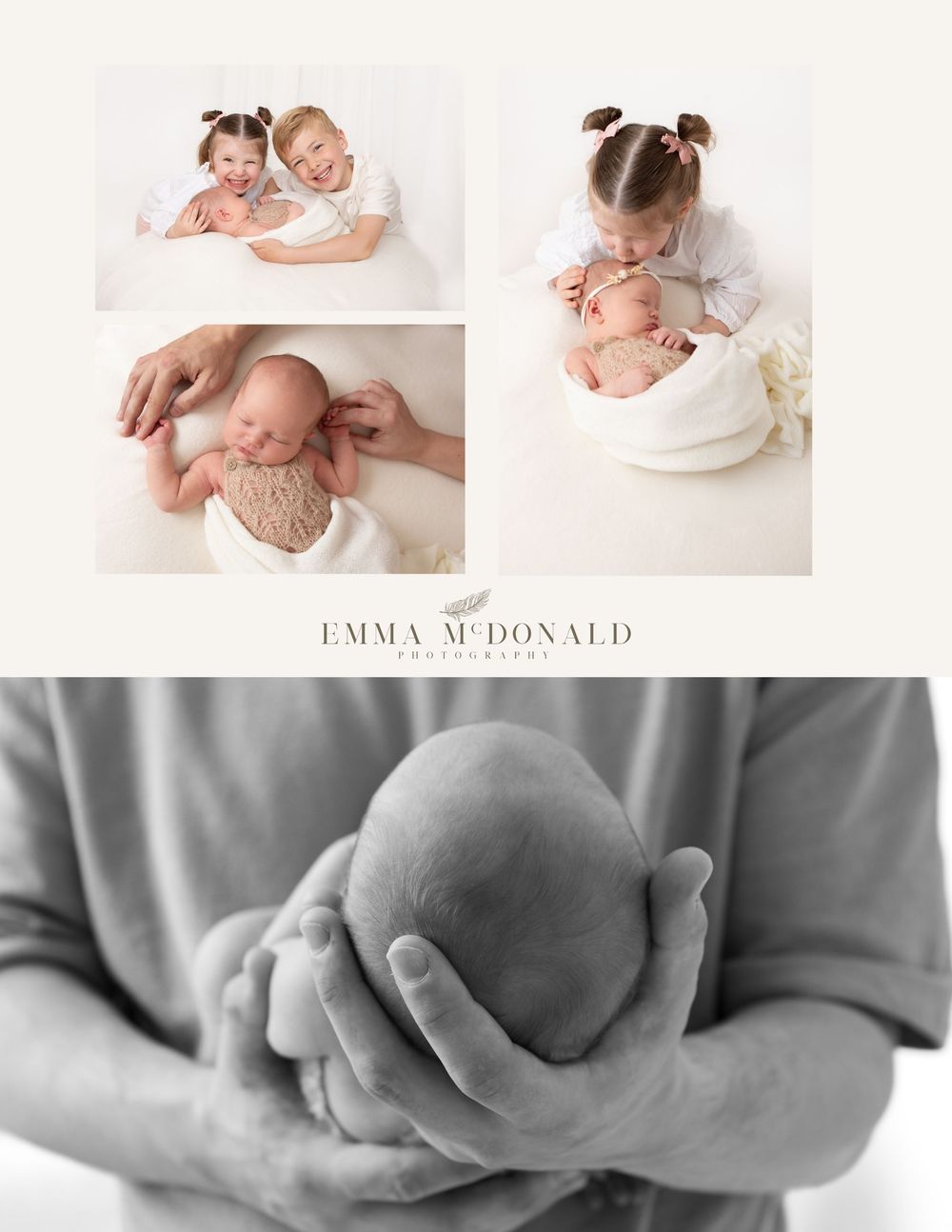 Professional newborn photography collage featuring tender moments and gentle poses in soft white tones.
