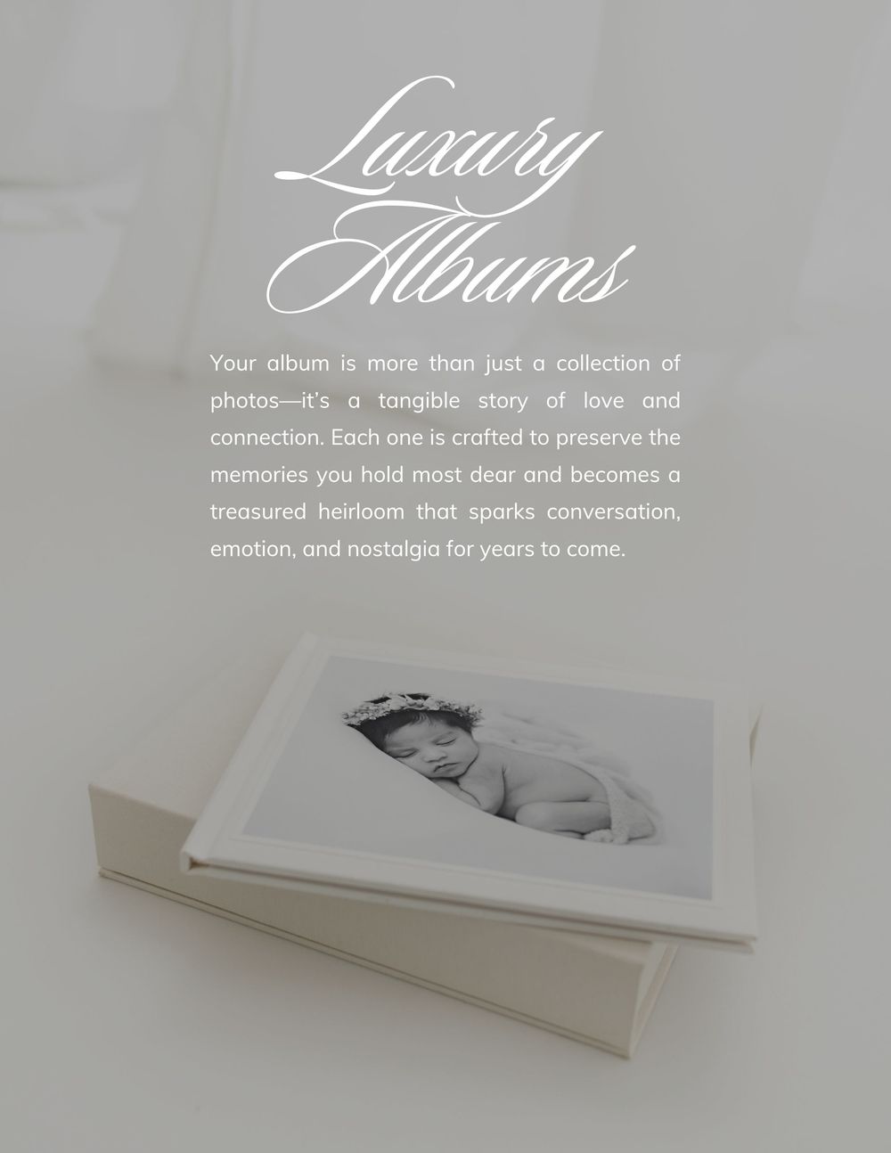 Luxury photo album marketing image showing elegant typography and newborn photography.