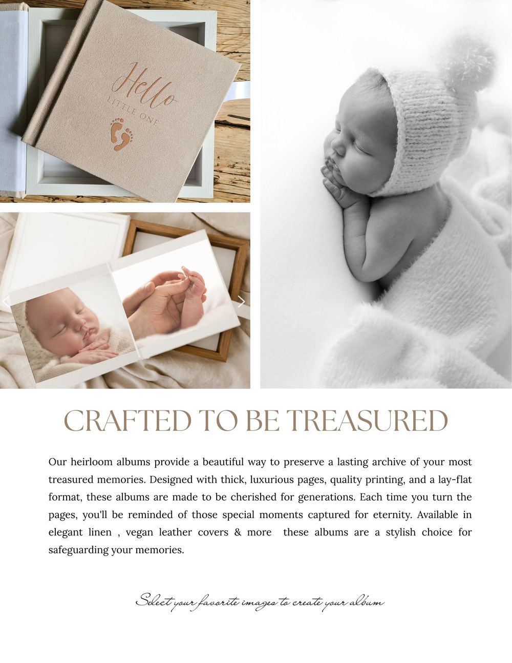 Elegant wedding photo album layouts featuring vegan leather covers and minimalist design elements.