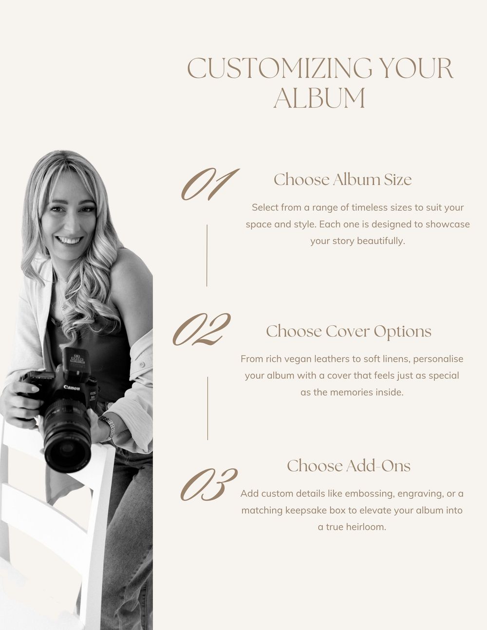 Elegant wedding album customization guide showing steps for personalizing photo collections in muted brown tones.