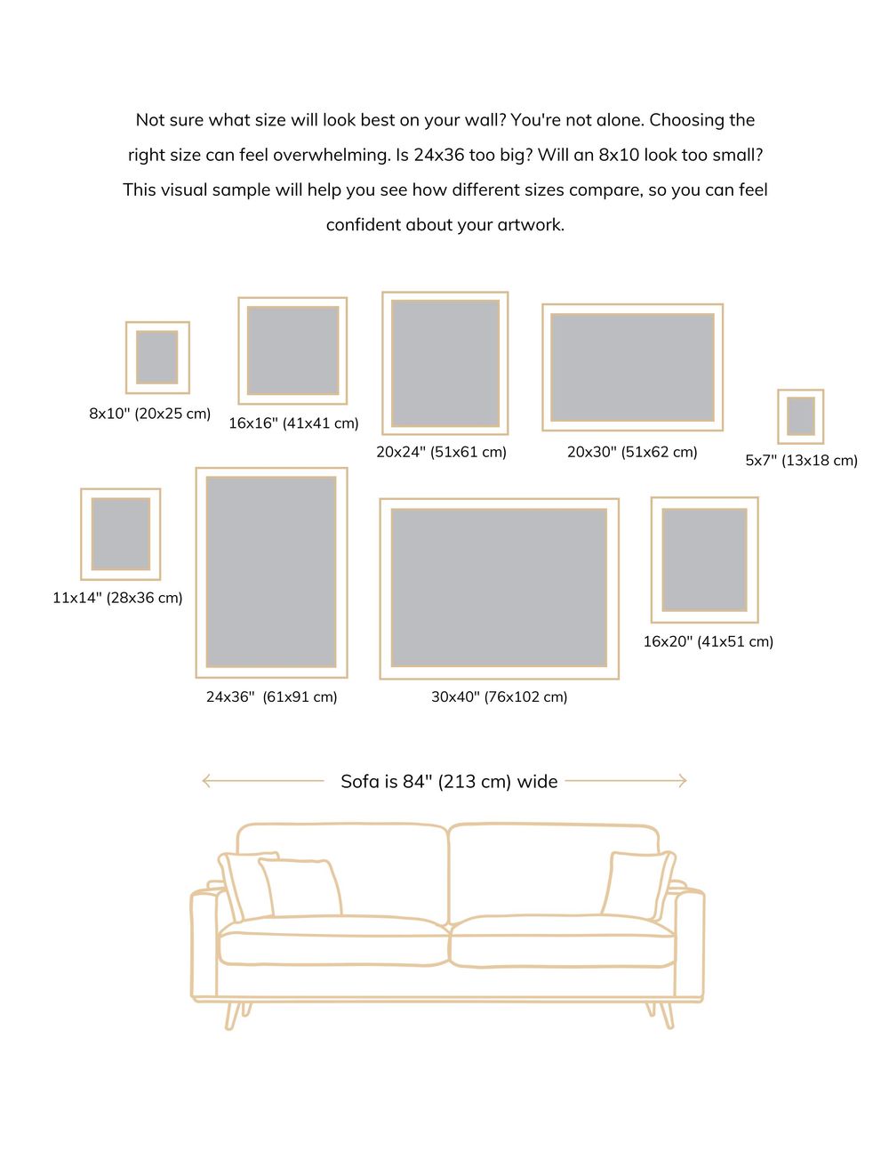 Technical diagram showing sofa dimensions and measurements with multiple size variations in a minimalist line drawing style.
