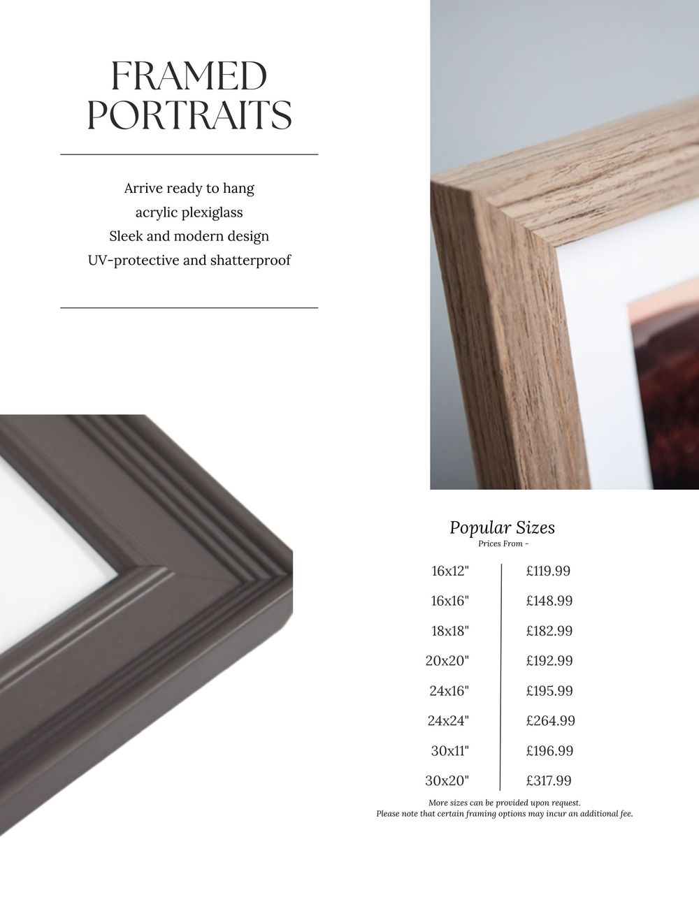 Collection of wooden and black picture frames with pricing information displayed in a modern product catalog layout.