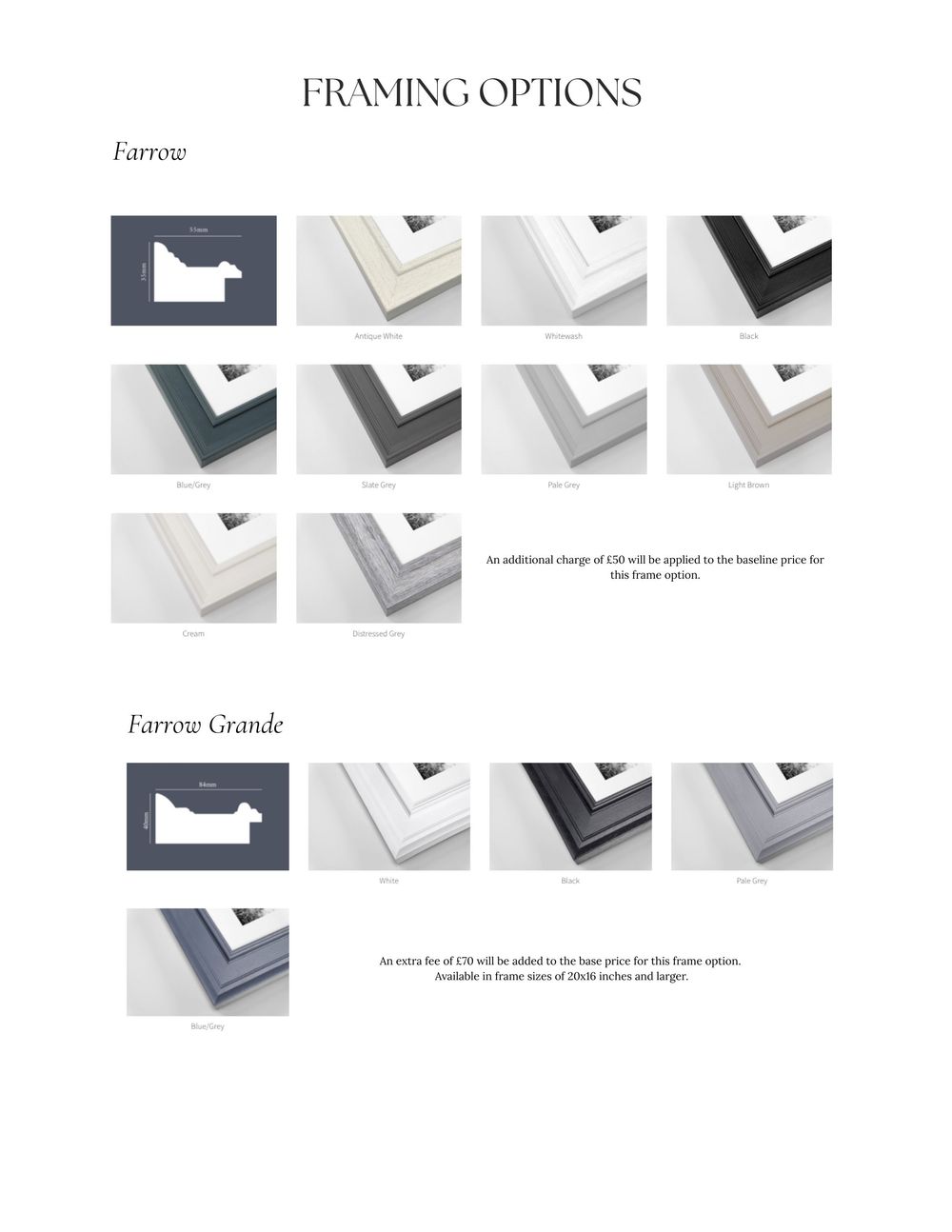 Collection of frame corner samples showing various white, black, and gray matting and molding options for artwork display.