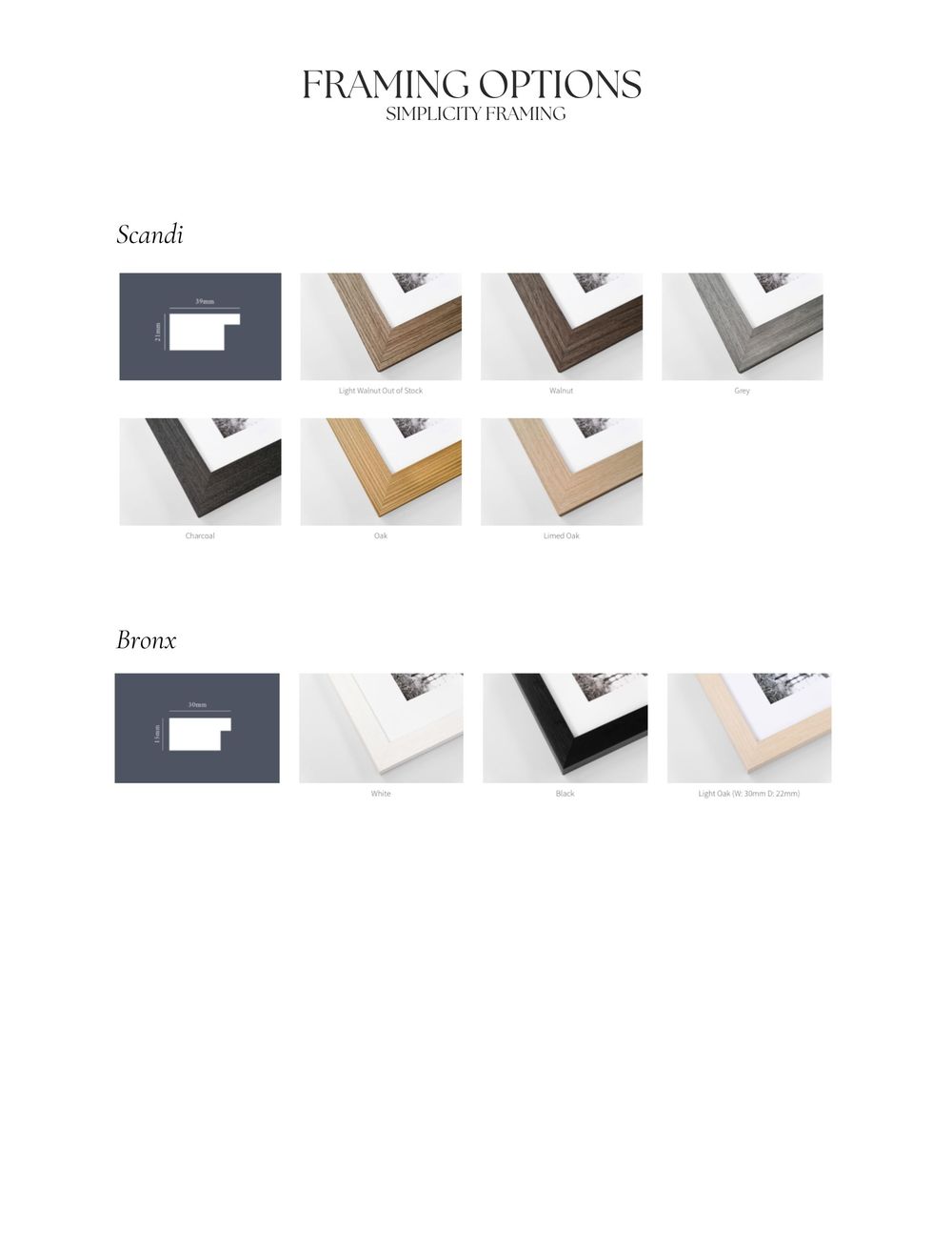 Picture frame corner samples showing various finishes and styles in white, black, and natural wood tones.